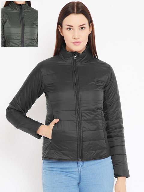 

METTLE Women Black & Olive Green Solid Reversible Padded Jacket