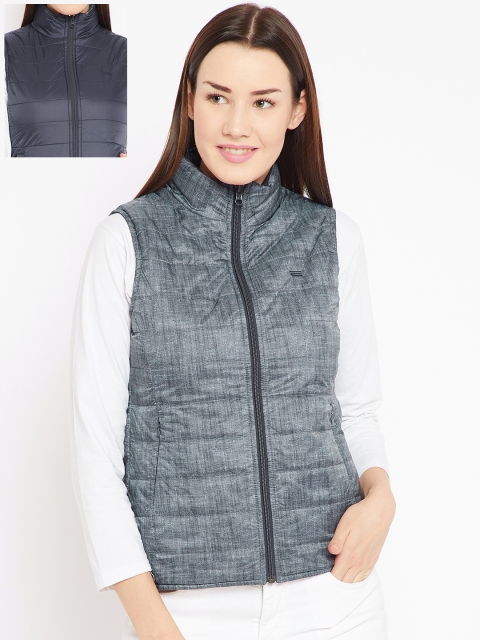 

METTLE Women Navy Blue Solid Reversible Padded Jacket
