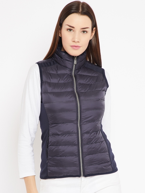 

METTLE Women Navy Solid Sleeveless Padded Jacket, Navy blue