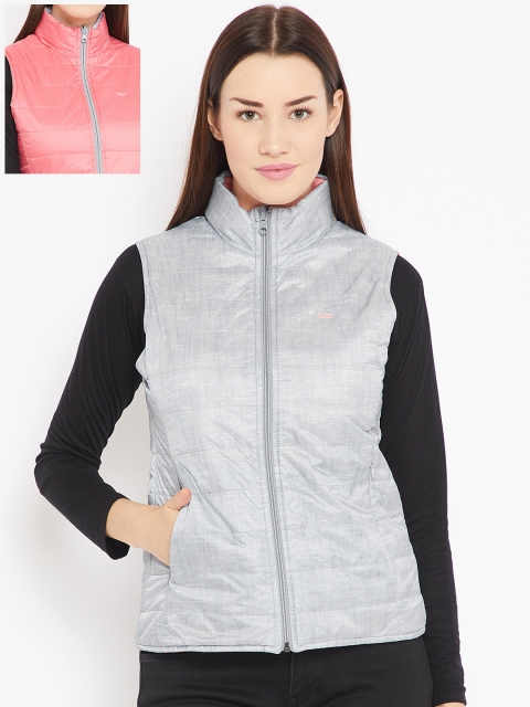 

METTLE Women Grey & Coral Pink Solid Reversible Padded Jacket