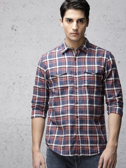 

Ecko Unltd Men Navy Blue & Off-White Slim Fit Checked Casual Shirt
