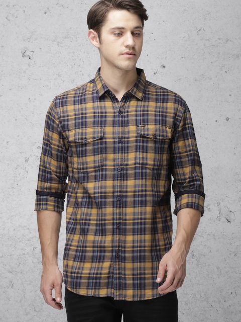 

Ecko Unltd Men Mustard Yellow & Navy Blue Slim Fit Checked Casual Shirt