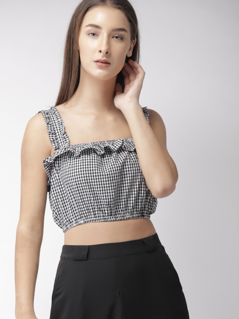 

FOREVER 21 Women Black & White Checked Blouson Crop Top