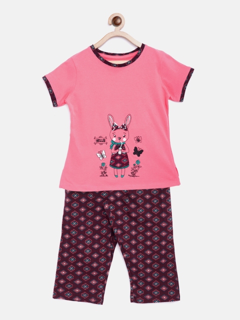 

Sweet Dreams Girls Pink & Maroon Printed Night Suit 616018