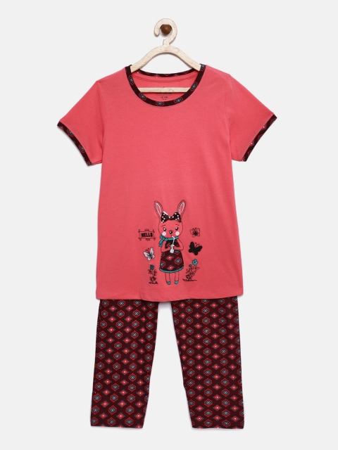 

Sweet Dreams Girls Pink & Maroon Printed Night Suit