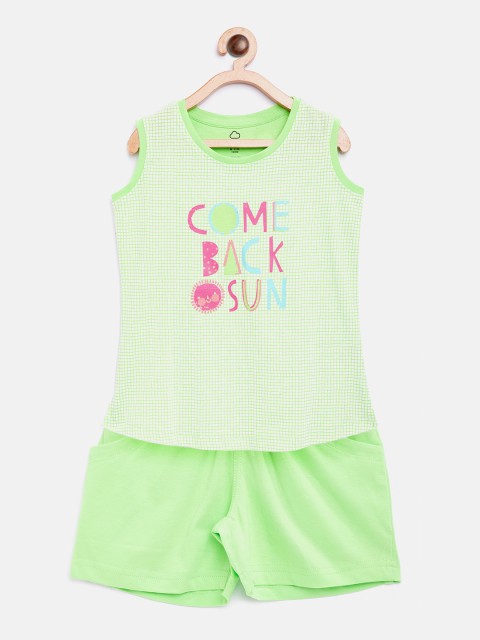 

Sweet Dreams Girls Off-White & Green Checked Night Suit with Printed Detail 610118