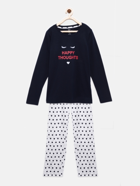

Sweet Dreams Girls Navy Blue & White Printed Night suit