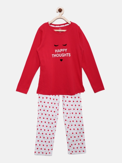 

Sweet Dreams Girls Red & Off-White Printed Night suit