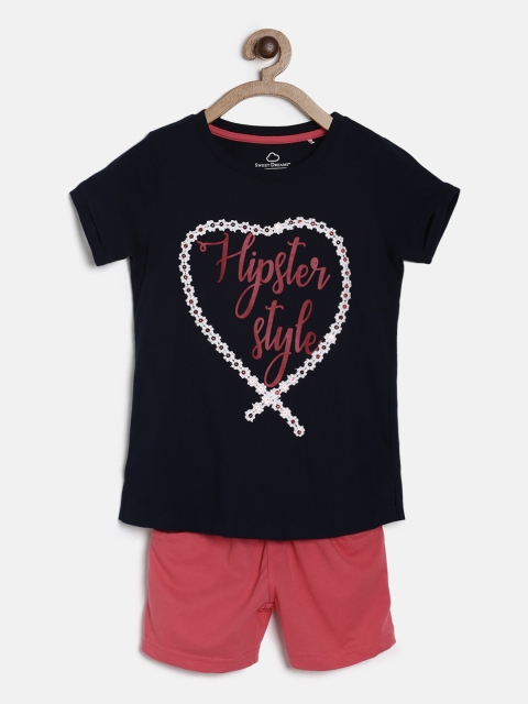

Sweet Dreams Girls Navy Blue & Pink Printed Night suit
