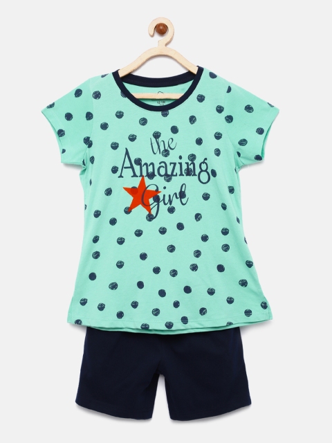 

Sweet Dreams Girls Green & Navy Blue Printed Night suit