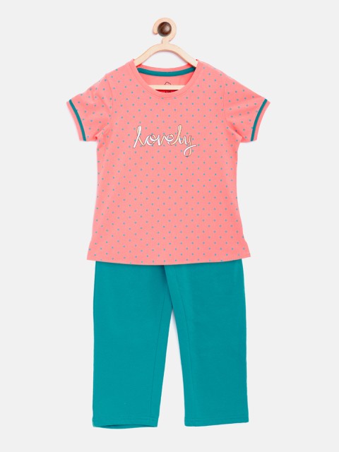 

Sweet Dreams Girls Peach-Coloured & Sea Green Printed Night Suit 618518