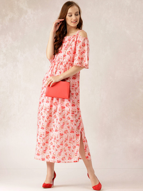 

Libas Women Pink Printed Cold-Shoulder Maxi Dress