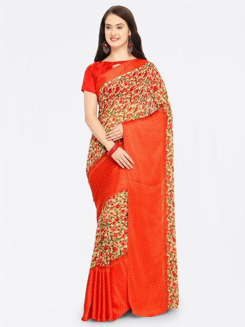 

Shaily Orange & Beige Satin Printed Saree