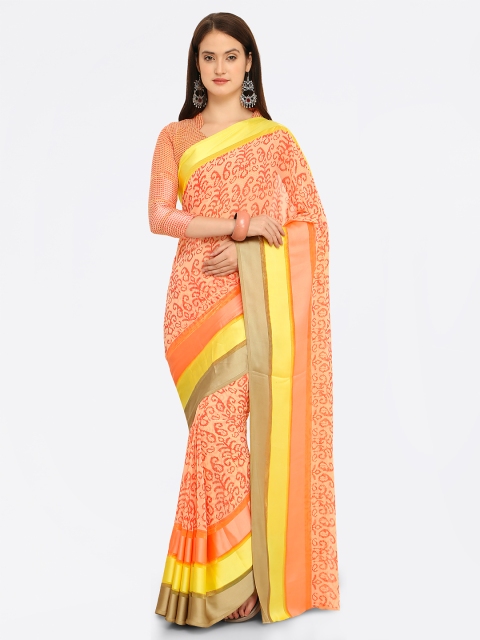 

Shaily Peach-Coloured & Yellow Satin Printed Saree