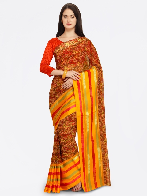 

Mitera Orange & Red Satin Printed Saree