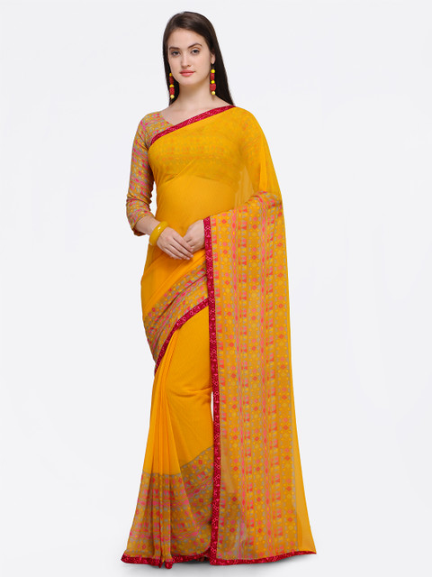 

Shaily Yellow & Pink Pure Georgette Printed Saree
