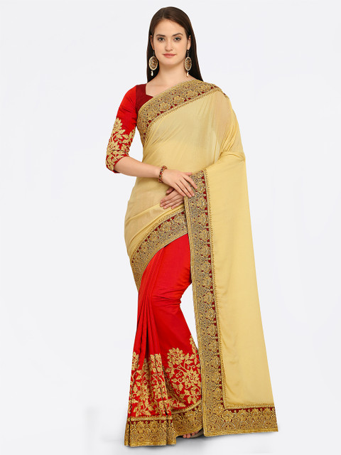 

Shaily Cream-Coloured & Red Satin Embroidered Saree