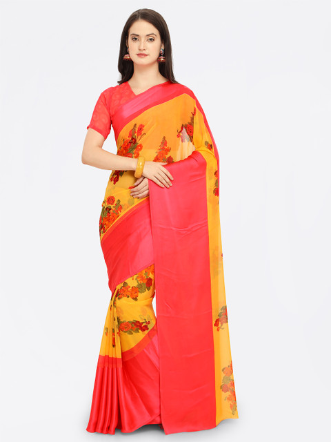 

Mitera Coral & Yellow Satin Printed Saree