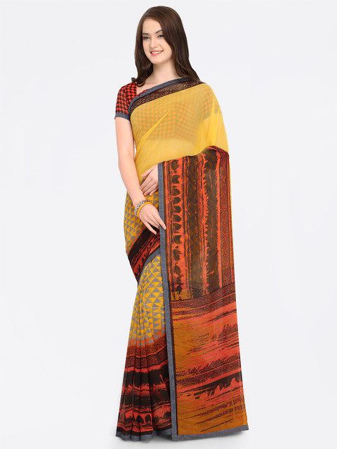 

Shaily Orange & Yellow Pure Georgette Printed Saree