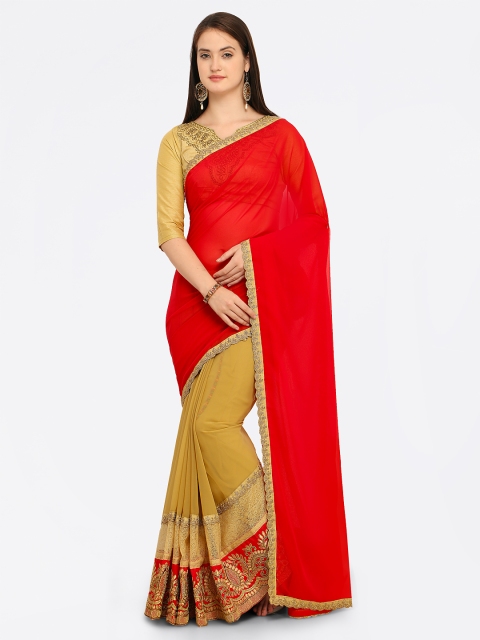 

Shaily Red & Mustard Pure Georgette Embroidered Saree