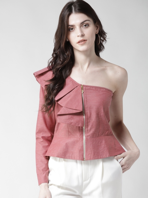 

WoowZerz Women Maroon Solid One Shoulder Peplum Top