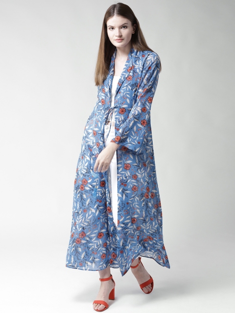 

WoowZerz Blue & Rust Orange Printed Tie-Up Longline Shrug