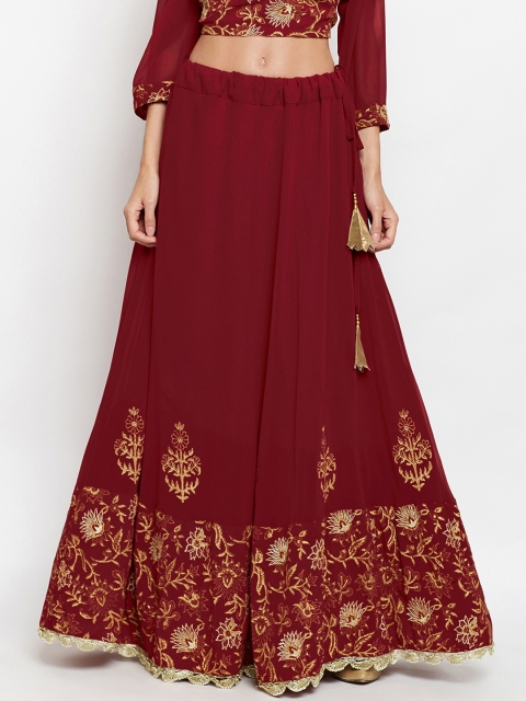 

studio rasa Women Maroon Block Printed Embroidered Maxi Skirt