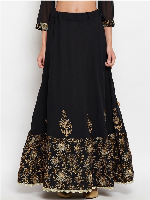 

studio rasa Women Black Block Printed Embroidered Maxi Skirt