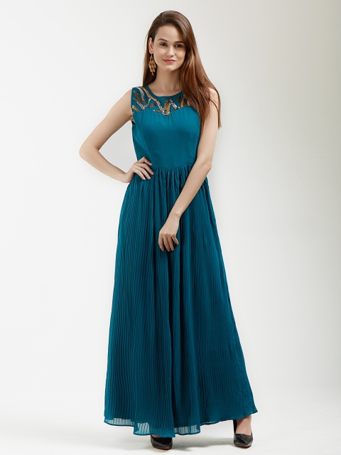 

MISH Women Teal Blue Solid Fit and Flare Dress
