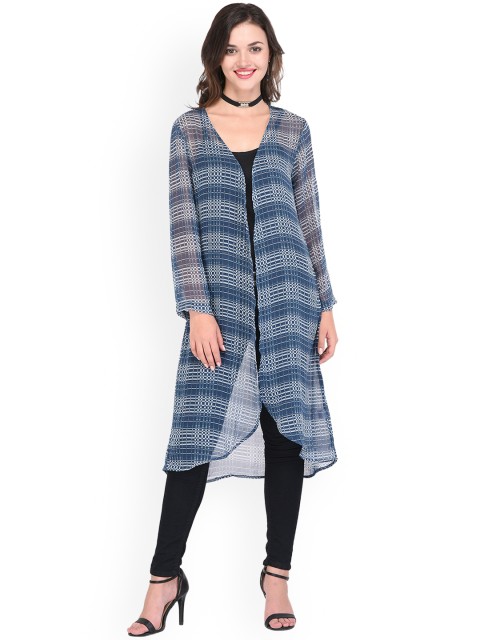

PURYS Blue & White Checked Open Front Shrug
