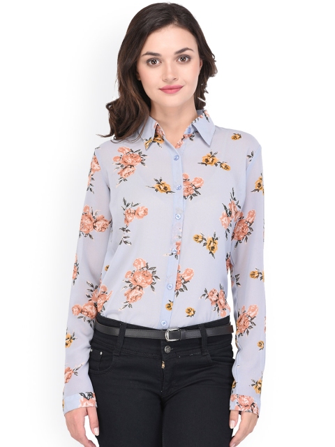 

PURYS Women Blue & Coral-Coloured Printed Casual Shirt
