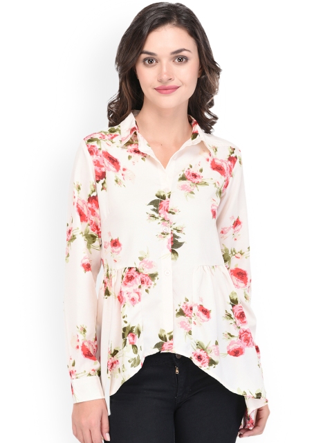 

PURYS Women Off-White & Pink Printed High-Low Peplum Shirt