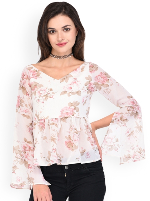 

PURYS Women Off-White Floral Printed Peplum Top