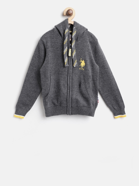 

U.S. Polo Assn. Kids Boys Charcoal Grey Solid Hooded Cardigan