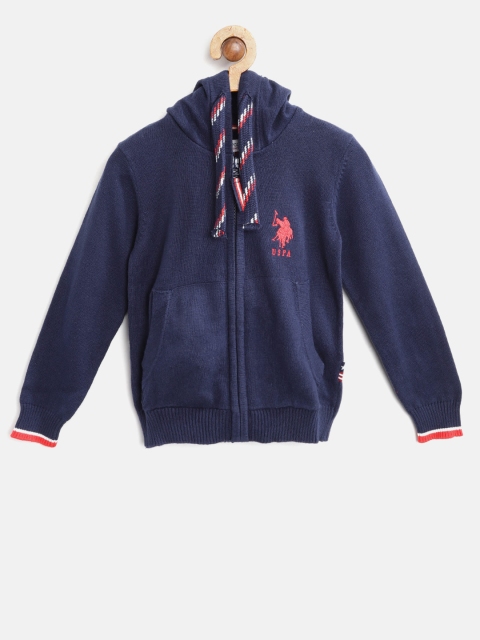 

U.S. Polo Assn. Kids Boys Navy Blue Solid Hooded Cardigan
