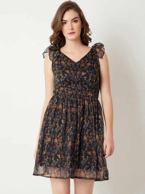 

Miss Chase Women Black Printed Fit and Flare Dress
