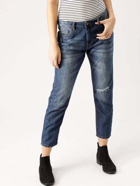 

DressBerry Women Blue Boyfriend Fit Mid-Rise Low Distress Cropped Jeans