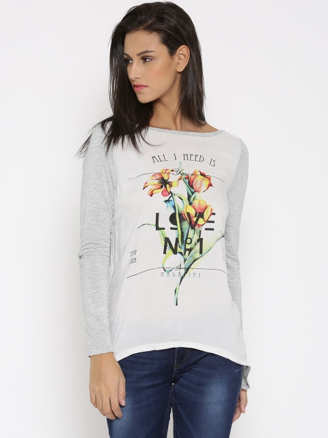 

United Colors of Benetton Women White & Grey Melange Printed Top