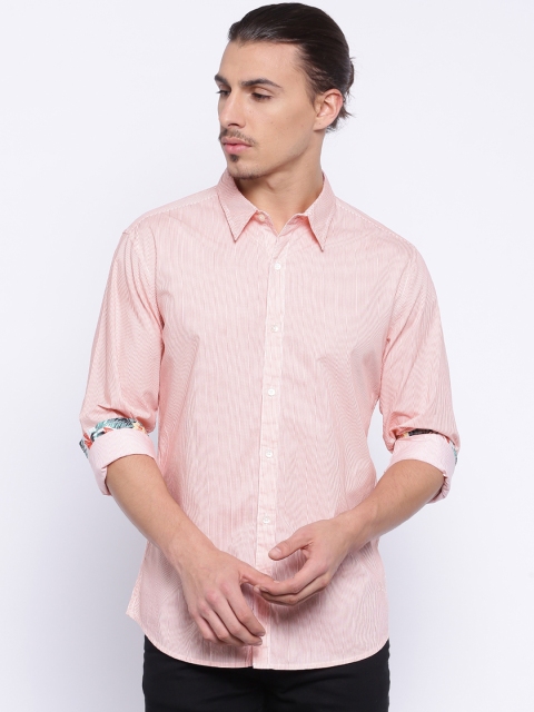 

United Colors of Benetton Men Coral Orange & White Striped Casual Shirt