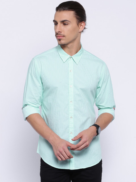 

United Colors of Benetton Sea Green & White Striped Casual Shirt