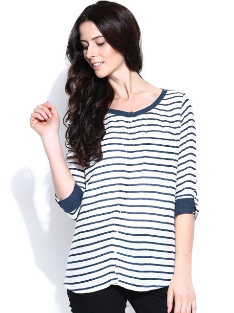 

United Colors of Benetton Women White & Blue Striped Top