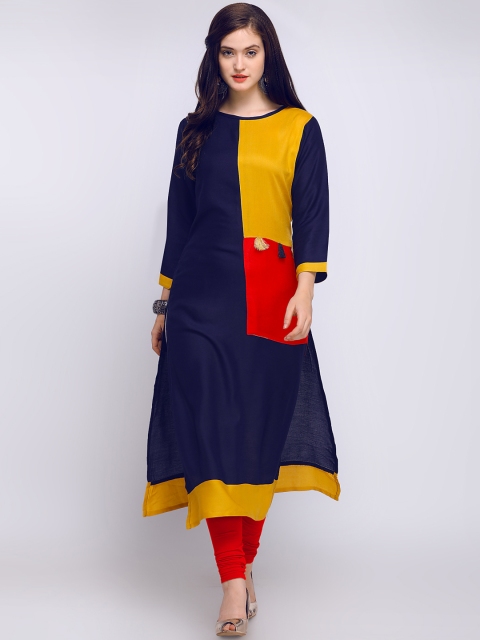 

Satrani Women Navy Blue & Yellow Colourblocked A-Line Kurta