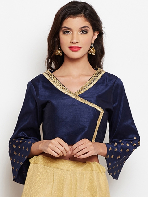 

studio rasa Women Semi-Dupion Embellished Angrakha Crop Top, Navy blue