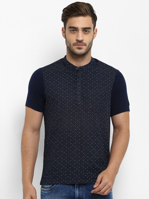 

Parx Men Blue Printed Henley Neck T-shirt
