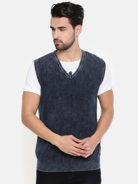 

Indian Terrain Men Navy Self Design Sweater Vest, Navy blue