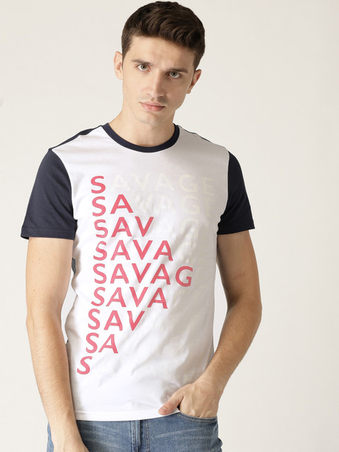

United Colors of Benetton Men White & Navy Blue Printed Round Neck T-shirt