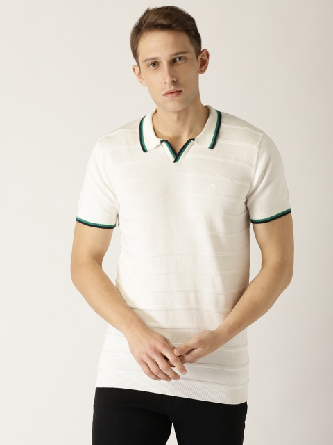 

United Colors of Benetton Men Off-White Self Striped Polo Collar T-shirt