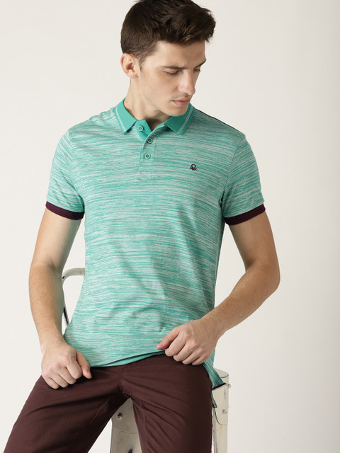 

United Colors of Benetton Men Green Self-Design Polo Collar T-shirt