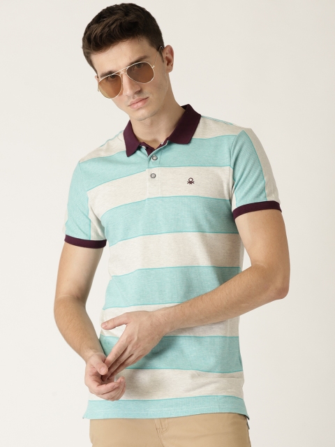 

United Colors of Benetton Men Grey Melange Turquoise Blue Striped Polo Collar Pure Cotton T-shirt, Teal
