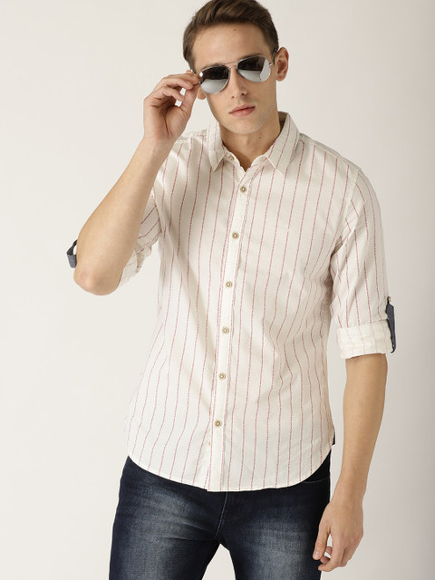 

United Colors of Benetton Men Off-White Slim Fit Striped Casual Shirt